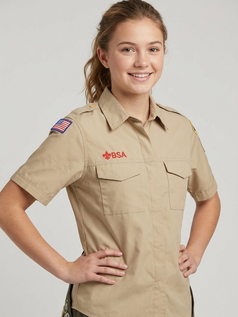 Boy Scout Of America BSA Tan Short-Sleeve Uniform Shirt Size Large Extra Patches
